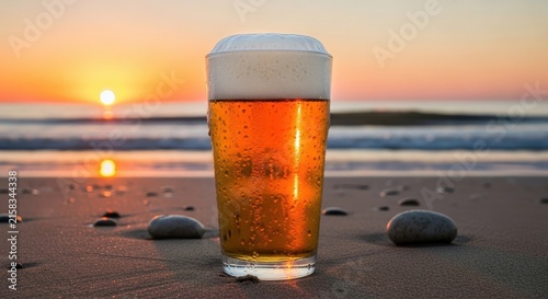 Cold Beer Glass on Beach at Sunset.