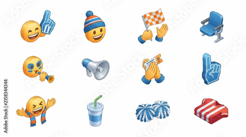 Fan club illustrations showcasing smiling emoji characters, foam fingers, cheering gestures, and stadium seats rendered as detailed isometric graphics.