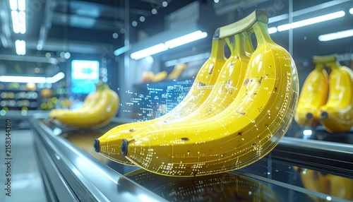 Fresh bananas on a grocery conveyor belt.