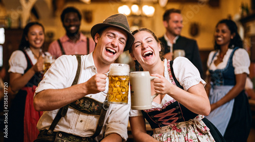 Close-up of two young people are clinking beer steins with joyful laughter at Oktoberfest, intimate celebration moment for social posts