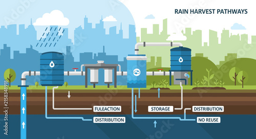 Rainwater harvesting system with storage tanks and pumps.