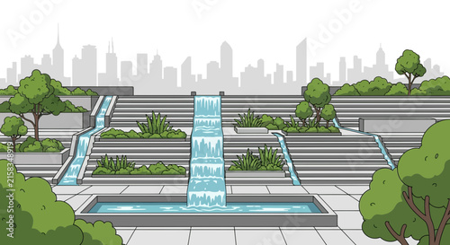 Modern urban highway with green overpass and city skyline.