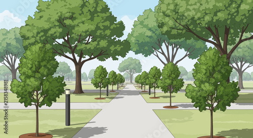 Serene suburban street lined with tall trees and lampposts.
