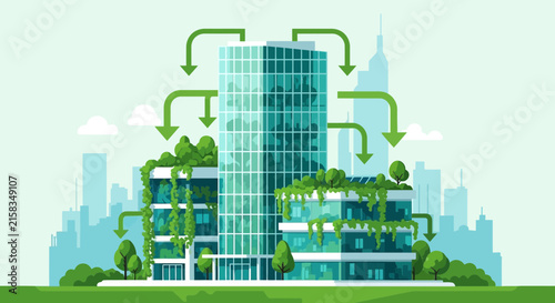 Sustainable green office building with eco friendly design elements.