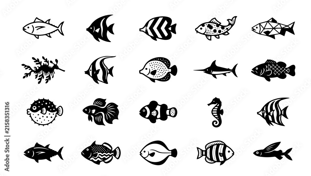 Obraz premium Marine animal vector set featuring fish, seahorses, shells, and aquatic creatures