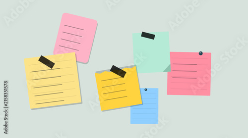 Foto Colorful sticky notes with text on wall
