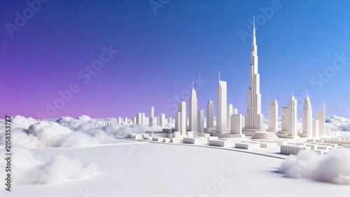 White cityscape model with clouds