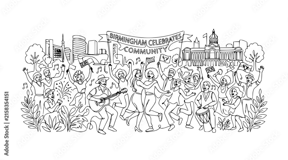 Fototapeta premium Birmingham Celebrates Community: Lively Doodle Art of People Dancing and Music