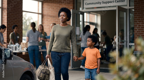 Mother and son walk towards community support center