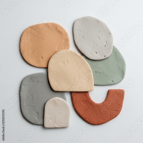 Colorful ceramic shapes arranged on a light background.