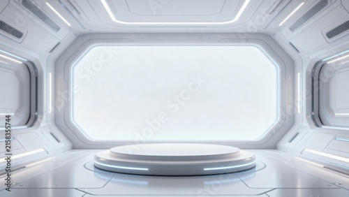 Futuristic white room with circular platform