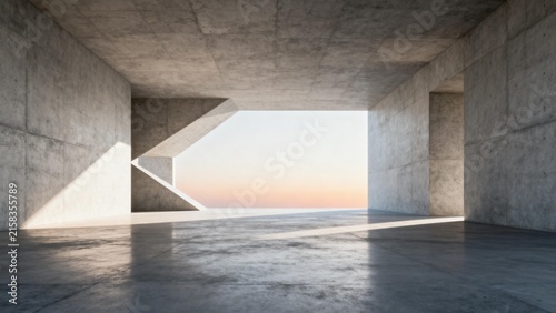 Concrete room with geometric shapes and sunset view