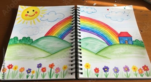 Colorful Childrens Drawing of Rainbow and Flowers in Sketchbook.