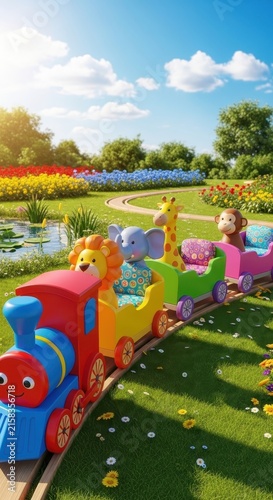 Colorful cartoon train with animal characters in spring garden.