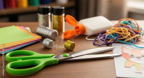 Colorful craft supplies on wooden table with scissors.