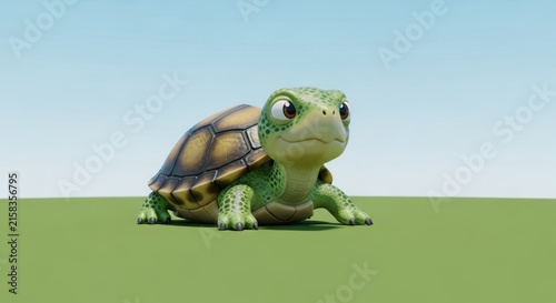 Colorful cartoon turtle on green grass background.
