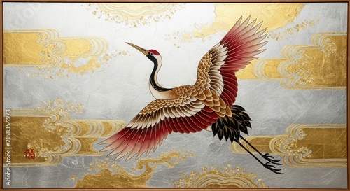 Colorful Crane Bird in Flight with Golden Background.