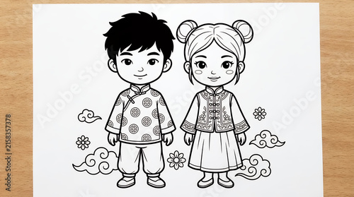 Cute boy and girl in traditional Chinese outfits coloring page