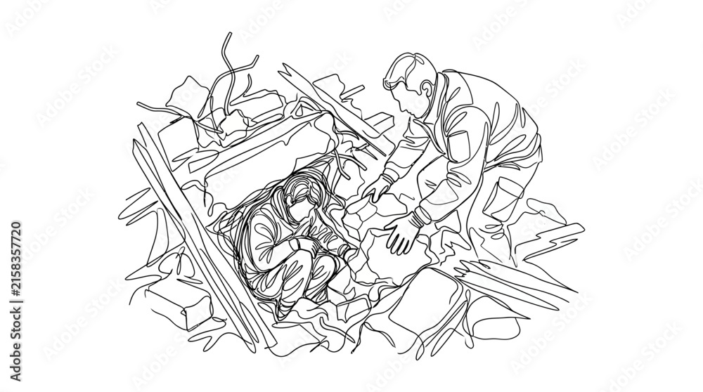 Fototapeta premium Rescuer Helps Person Amidst Debris in Sketch Style