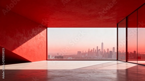 Red room with city skyline view