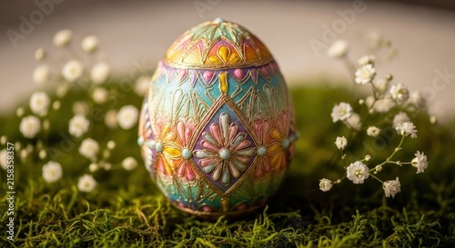 Colorful Decorated Easter Egg with Spring Flowers.