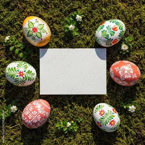 Colorful Decorated Easter Eggs on Moss with Blank Card.