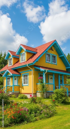 Colorful Cottage House with Garden and Blue Sky.