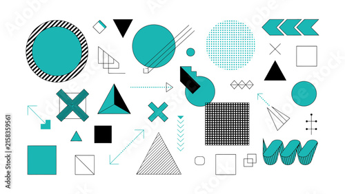 Abstract geometric shapes including circles triangles squares arrows and patterns in teal black and white creating a vibrant modern design layout