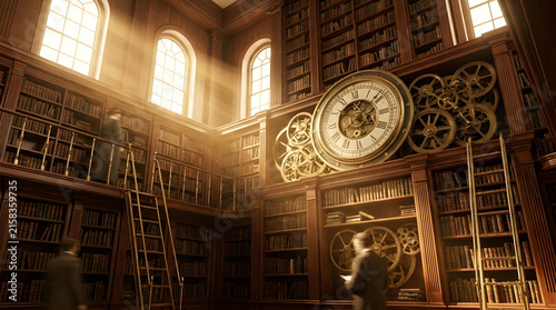 Grand steampunk library with massive clockwork mechanism and bookshelves.