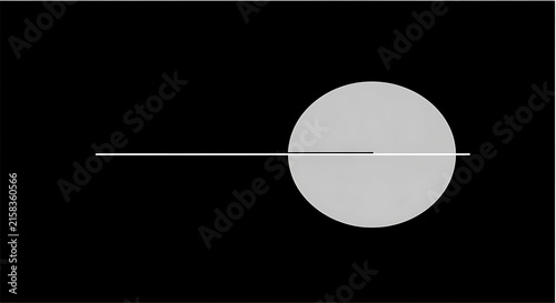 Minimalist geometric composition featuring a light gray circle intersected by two thin horizontal lines on a black background, evoking a sense of modern design and abstract art