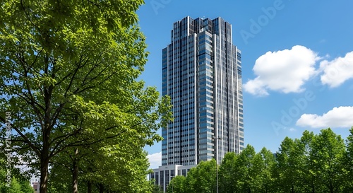 Modern high-rise residential apartment building surrounded by green urban trees under a bright blue sky