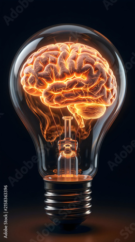 Light bulb glowing with brain inside representing creativity and innovation
