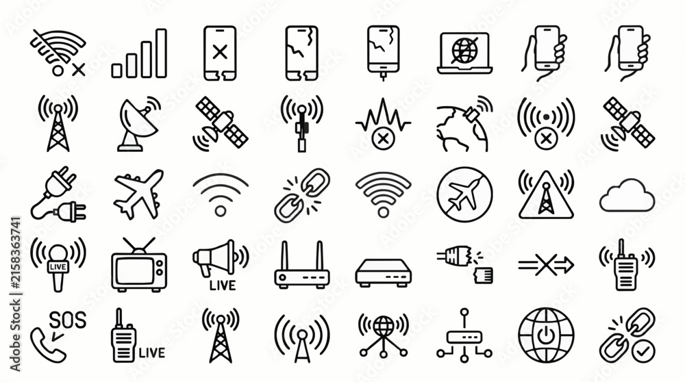 Fototapeta premium Wireless network failure and communication outage outline icon collection editable vector set