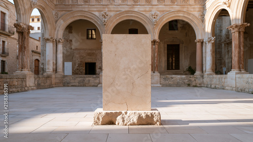 Unmarked Rectangular Monument on Pedestal Beneath Ancient Arches