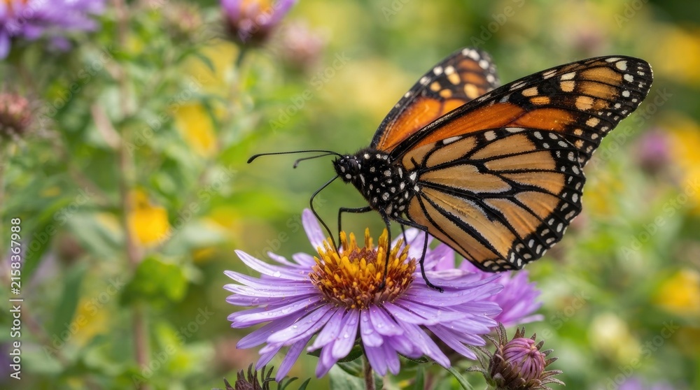 Obraz premium Orange monarch butterfly perched upon vibrant purple aster flower petals in sunny garden setting with natural lighting blurred blurred green background captures close profile profile view soft
