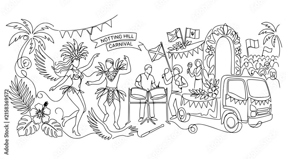 Fototapeta premium Notting Hill Carnival Line Art: Celebration, Music, Parade, Tropical Vibes