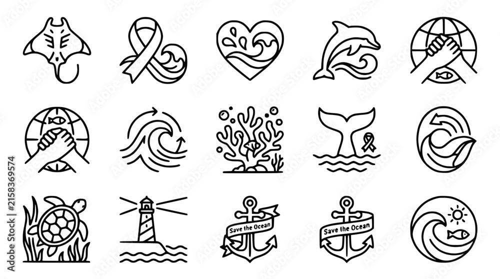 Fototapeta premium Ocean Conservation Icons: Dolphin, Turtle, Wave, Anchor, Lighthouse, Coral, Earth