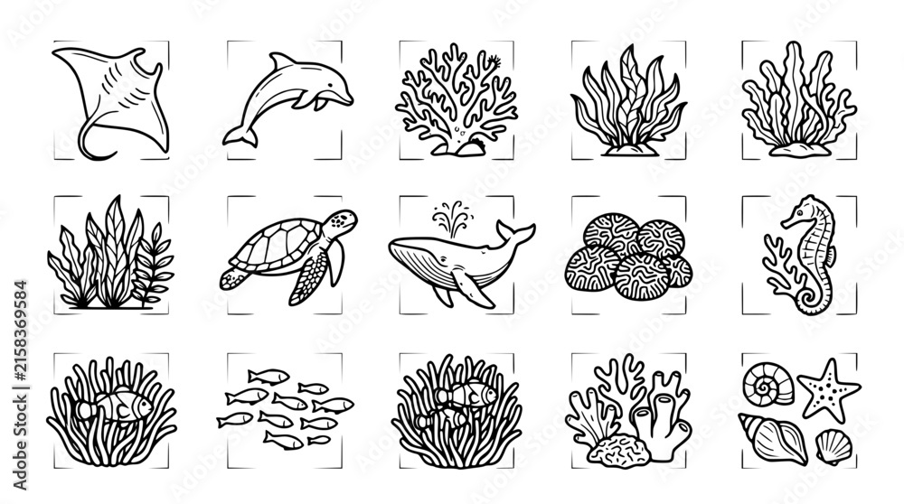 Obraz premium Ocean Life Icons: Dolphin, Whale, Turtle, Fish, Seahorse, Stingray, Coral