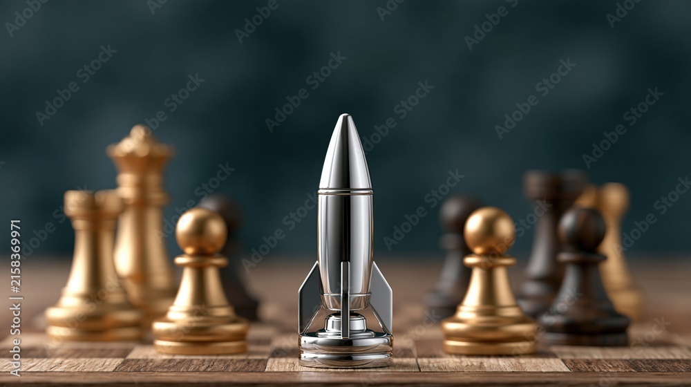 Fototapeta premium Shiny silver rocket toy stands prominently on a wooden chessboard surrounded by golden and black chess pieces against a dark teal background.