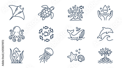 Oceanic Life Icons Set: Sea Creatures and Marine Ecosystems on Transparent Background