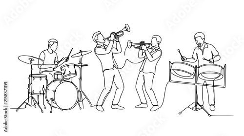 Fotografie Continuous Line Art Jazz Band Playing Instruments Isolated