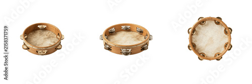 Traditional wooden tambourine instrument with jingles and drumhead isolated on white background stock PNG graphic asset