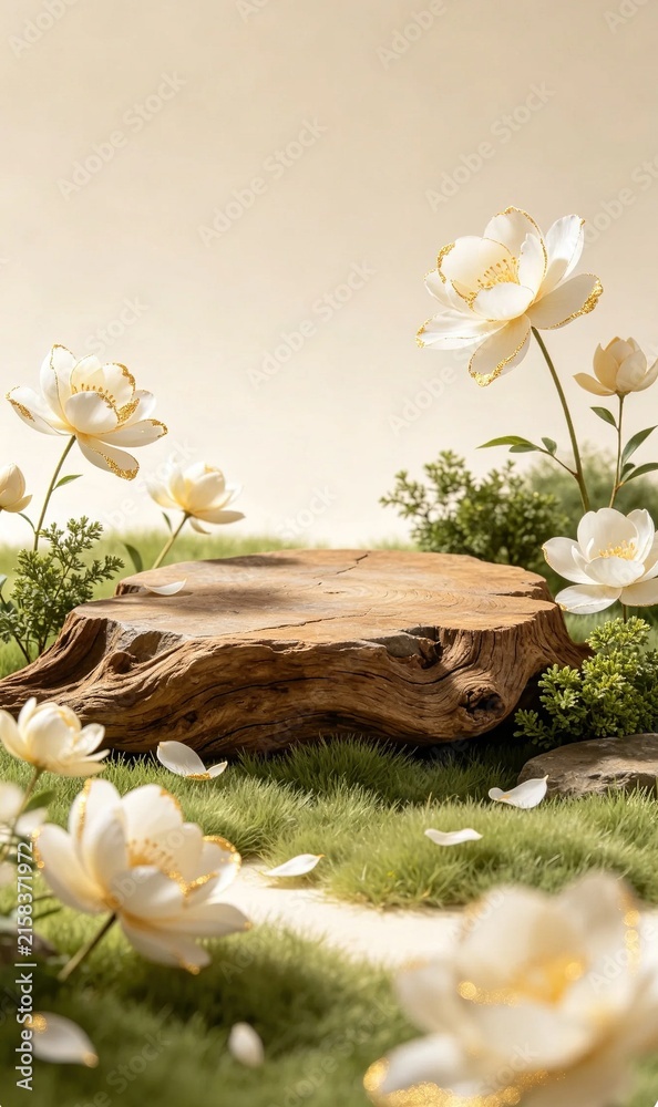 Fototapeta premium Text‑free new Chinese‑style poster backdrop, oriental aesthetic podium scene, flowers grass soft lighting, suitable for packaging display board PPT design