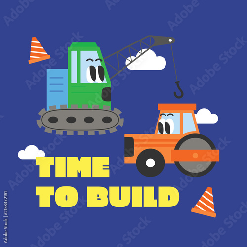 Cute construction vehicles illustration art print poster
