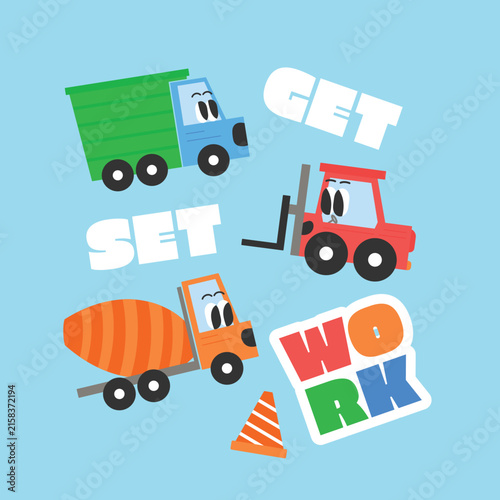Construction vehicles illustration art kids print poster 