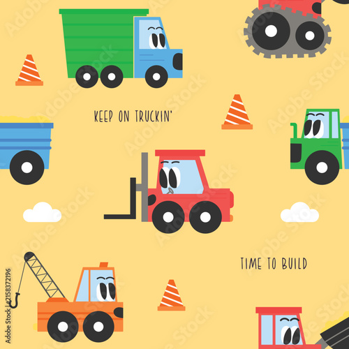Seamless pattern with cute construction vehicles and excavator vector