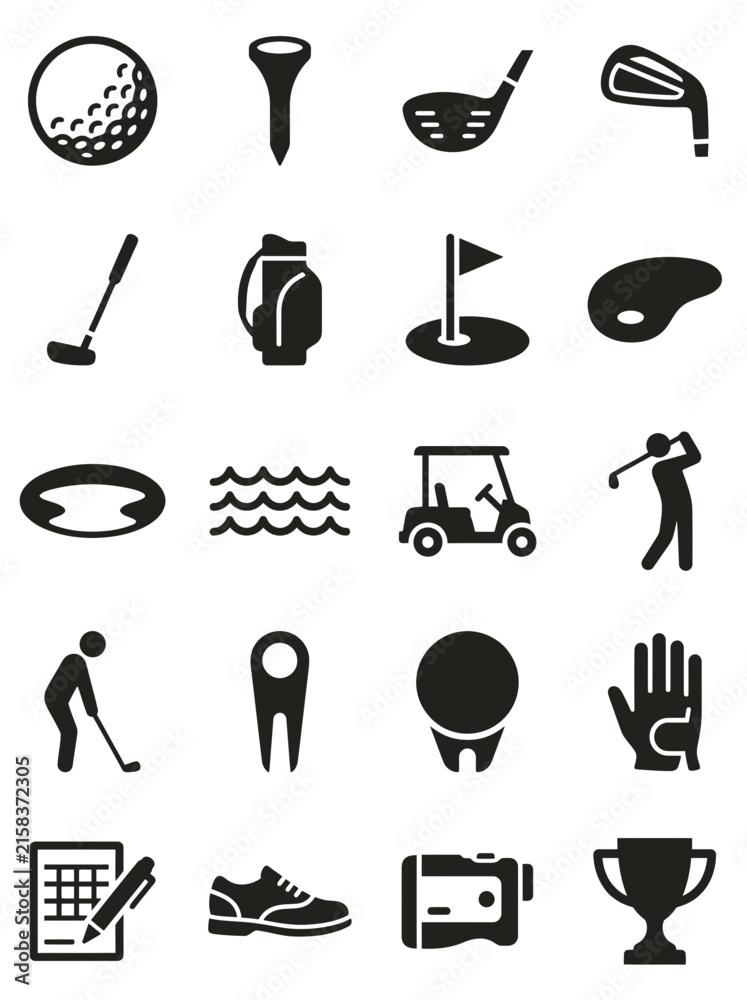Fototapeta premium Monochromatic silhouette icons representing various golf equipment, accessories, and activities: golf ball, tee, club, bag, flag, putting green, hole, water hazard, cart, golfer, shoe, scorecard, and