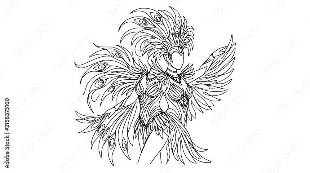 Obraz premium Fantasy Peacock Woman Costume Line Art Isolated