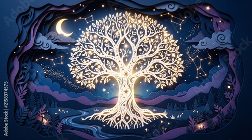 Paper cut glowing tree of life with roots branches crescent moon constellation and star in night forest landscape papercraft art