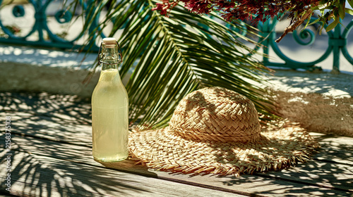 Refreshing cold lemonade bottle placed next to a straw hat on sunny patio wooden deck